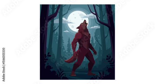 Werewolf Howling at Full Moon in Dark Forest Illustration.