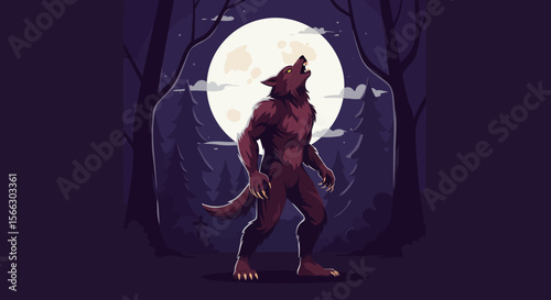 Werewolf Howling at Full Moon in Dark Forest Illustration.