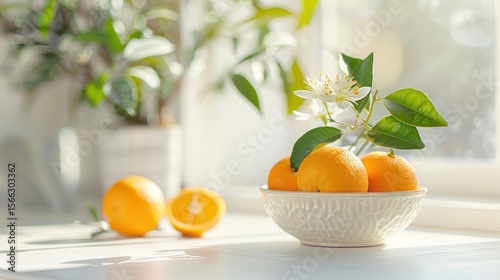 Vibrant orange on sunlit kitchen counter, enhancing its bright, juicy texture.