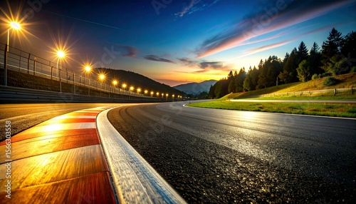 race track corner asphalt surface low angle view at night stadium