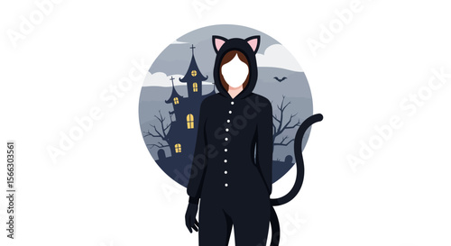 Halloween Costume Figure: Black Catsuit Haunted Mansion Background.