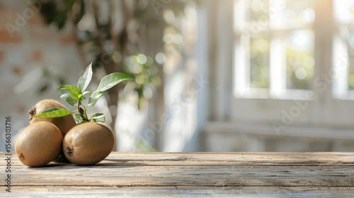 Whole kiwi with fuzzy brown skin and vibrant green interior on a rustic wooden table, highlighted by natural light.