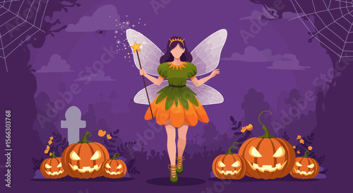 Halloween Fairy with Glowing Pumpkins and Spooky Cemetery Background.