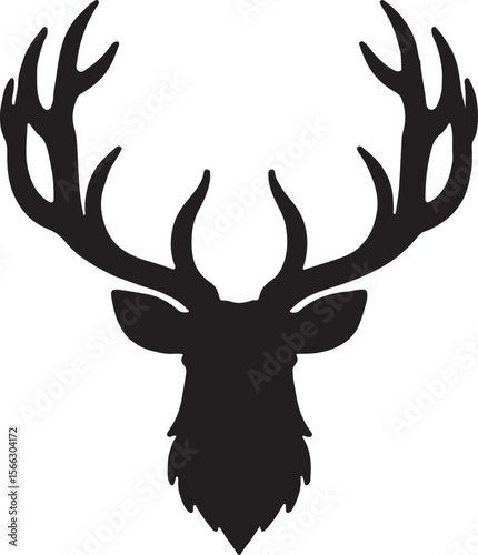 Symmetrical Black Silhouette of Majestic Stag Head with Elaborate Antlers