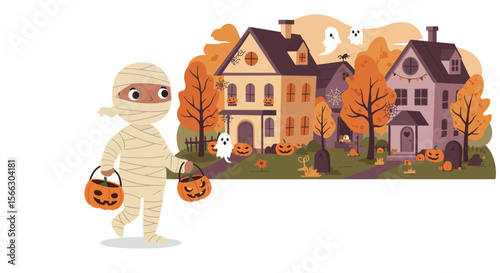 Adorable Mummy Trick-or-Treater with Pumpkin Buckets Halloween Houses Illustration.