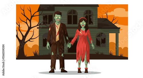Zombie Couple Stands Before Abandoned House at Dusk.
