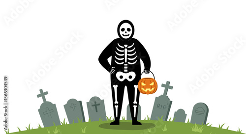 Halloween Skeleton Costume with Pumpkin in a Spooky Graveyard Scene.