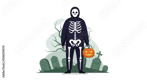 Spooky Skeleton Halloween Costume: Child in Grim Reaper Outfit with Jack-o-Lantern.