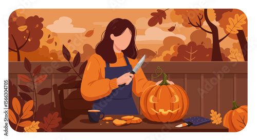 Woman Carving Pumpkin for Halloween Autumnal Scene Cozy Illustration.