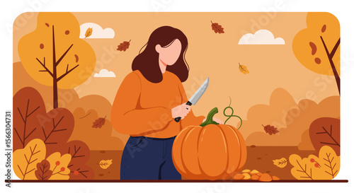 Autumnal Pumpkin Carving: Woman with Knife in Fall Landscape Illustration.
