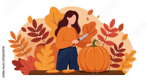 Woman Carving Pumpkin for Autumn Celebration with Fall Foliage Illustration.