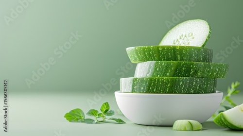Artistic display of green squash slices arranged in a spiral pattern on a minimalistic background.