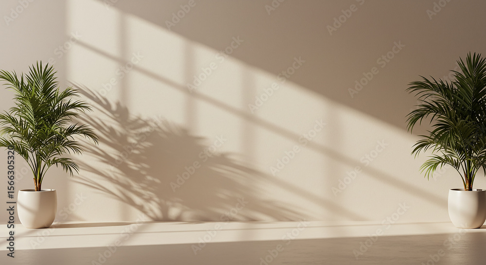 Fototapeta premium Serene interior scene with potted palm plants casting dramatic shadows on a neutral wall bathed in soft sunlight