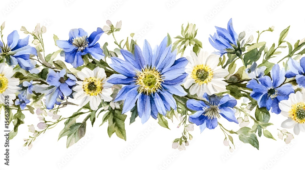 Obraz premium Watercolor Blue and White Floral Border Seamless Pattern