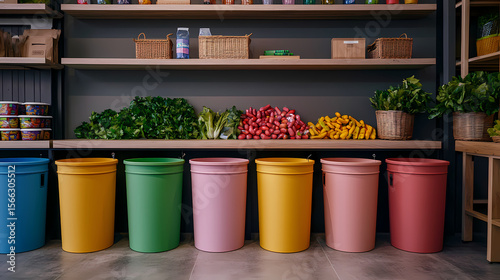 Wallpaper Mural Colorful bins lined up in a kitchen with fresh vegetables and woven baskets on the shelves above. Torontodigital.ca