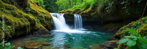 Serene Waterfall Cascading over Mossy Rocks into a Crystal Clear Creek, Lush Green Foliage, Idyllic Nature Scene Perfect for Travel and Environmental Projects