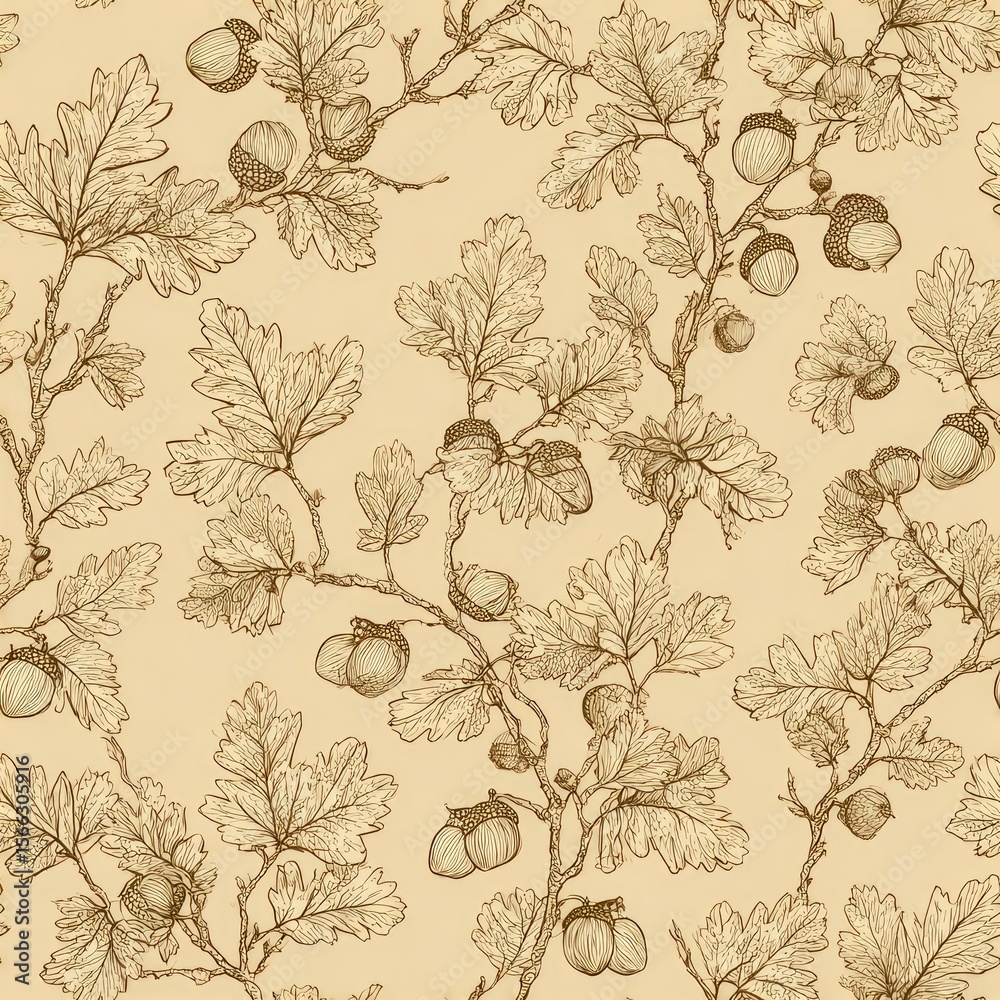 Fototapeta premium Seamless repeating line-art pattern of acorns and oak leaves on a warm beige background, elegant design