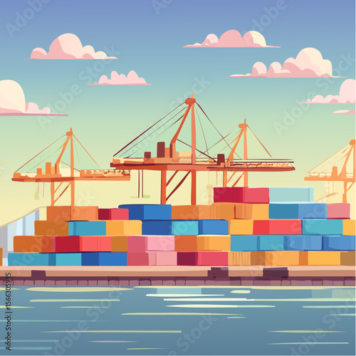 Shipping containers stacked at busy seaport terminal with cranes loading cargo