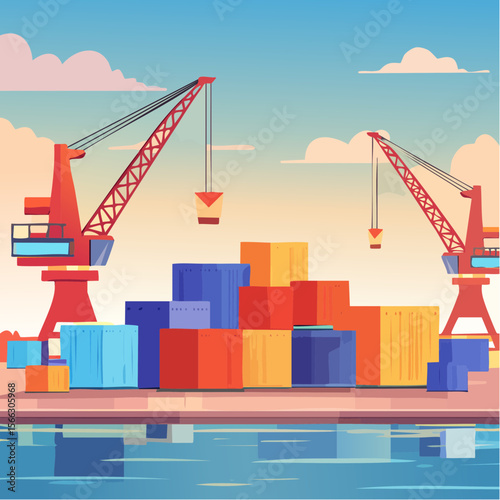 Shipping containers stacked at busy seaport terminal with cranes loading cargo