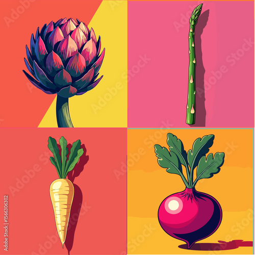 Colorful vegetables including artichoke, asparagus, radish, and carrot  
