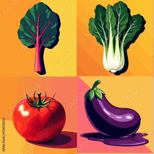 Colorful vegetables including spinach, bok choy, tomato, and eggplant  