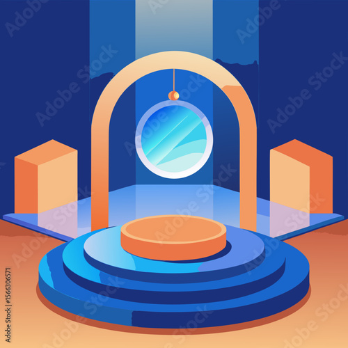 Abstract illustration of a blue tiered platform with an arch and a hanging circular element present