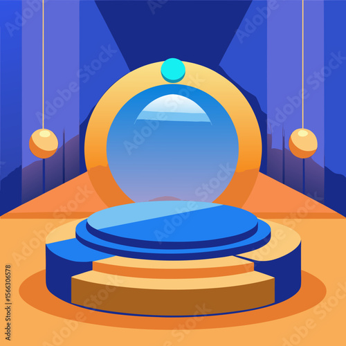 Illustration of a stage with a round backdrop and hanging spheres in blue and orange tones scheme design
