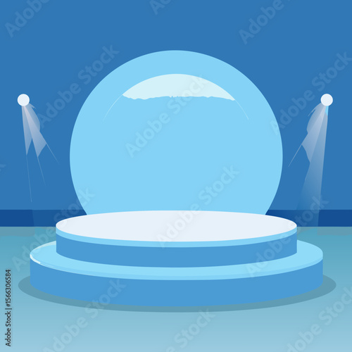 A blue and white stage with a circular backdrop and spotlights creating a clean presentation space