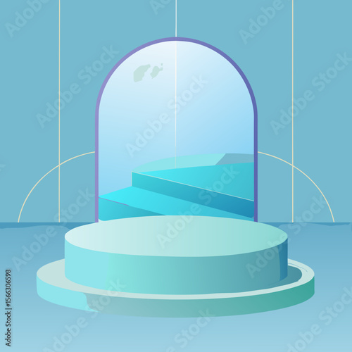 Aesthetic display stage with archway and steps in pastel blue and teal color palette presentation backdrop