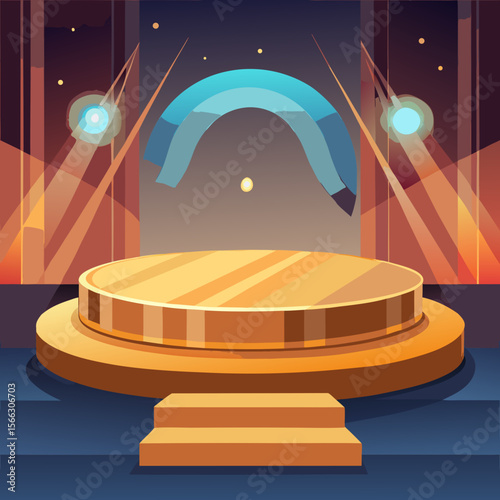 A shiny gold stage with steps and spotlights under a blue archway and a floating sphere in the air