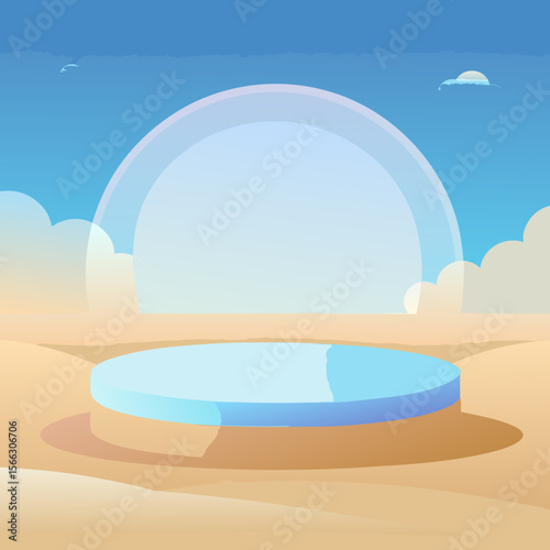 A cartoon illustration of a blue platform under a clear dome against a sky with clouds and a sandy ground