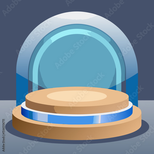 Illustration of a two tiered tan platform with a blue stripe and a blue arch behind it in a studio