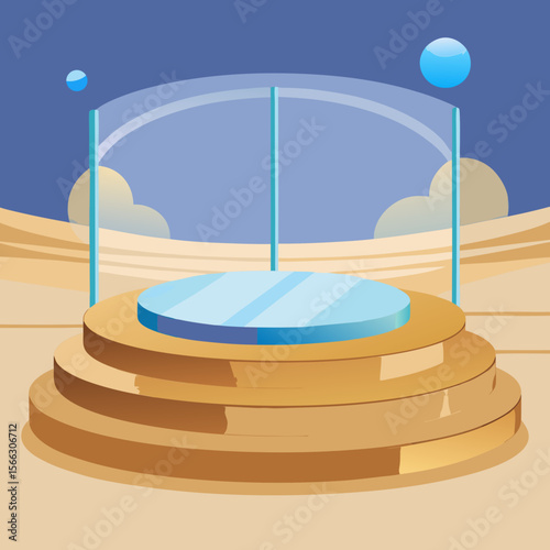 Illustration of a three tiered circular stage with a blue platform and a backdrop of clouds and spheres