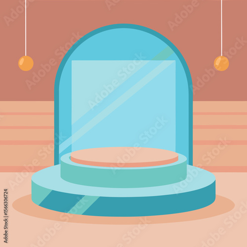 Illustration of a product display stage with a blue arch and hanging decorative spheres design element