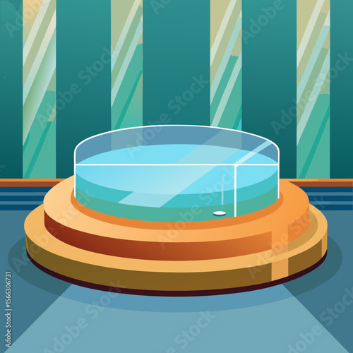 A cartoon illustration of a water tank on a platform in a teal and gold room with light stripes