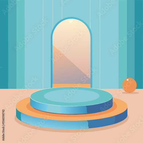 Two tiered circular stage with a ball and arched doorway against a striped backdrop in pastel colors