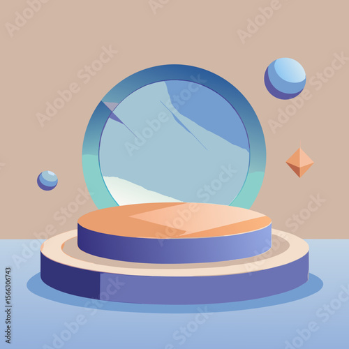 Aesthetic product display podium with a circular backdrop and floating geometric shapes design element