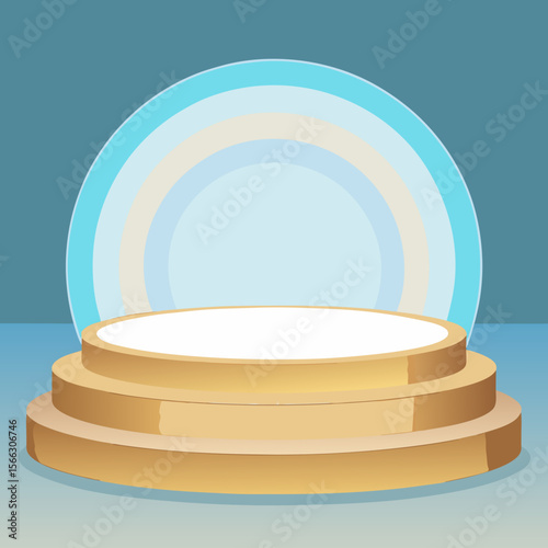 A three tiered golden platform with a white top against a blue semicircular background design