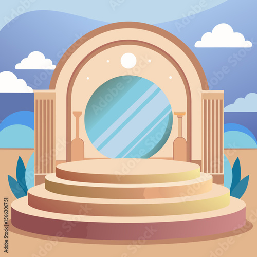 Three tier stage with a circular mirror and pillars against a cloudy sky backdrop illustration