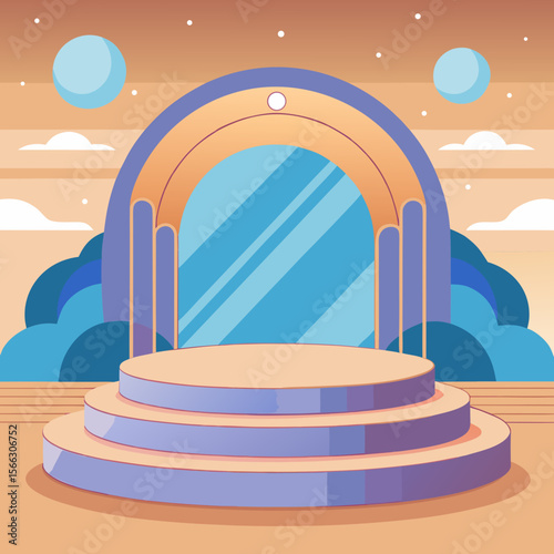 Illustration of a three tiered stage with an archway and clouds in a pastel color palette scene