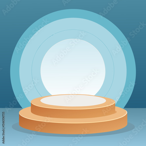 A simple illustration of a two tiered orange platform against a blue concentric circle backdrop design