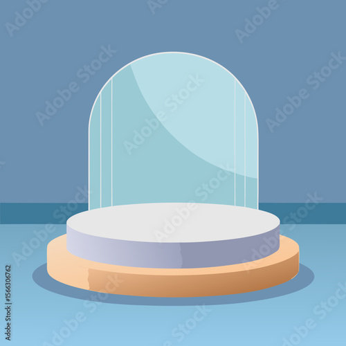 Aesthetic product display with a white circular platform and a transparent arch on a blue background