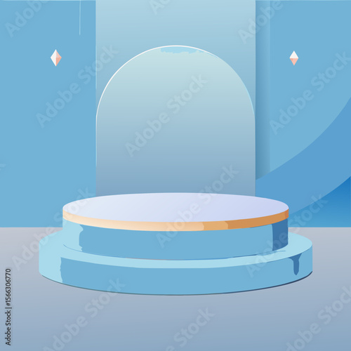 A light blue product display podium with a circular backdrop and diamond shaped accents on a light blue wall