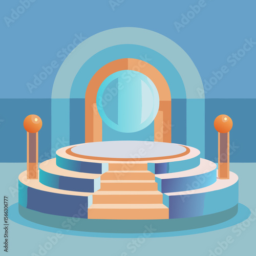 A stylized stage with steps and arches in shades of blue and orange creating a vibrant scene look