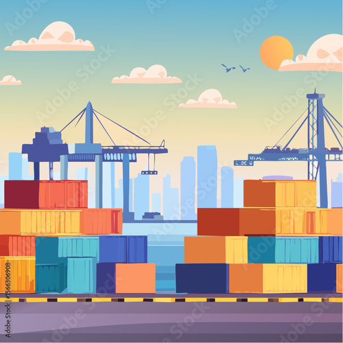 Shipping containers stacked at busy seaport terminal with cranes loading cargo