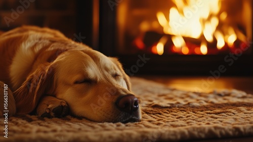 Golden retriever resting by a fireplace.