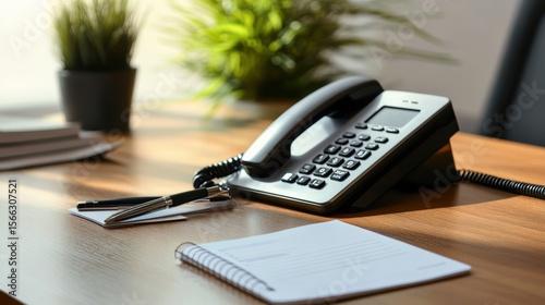 Desk setup with a black office phone, a blank notepad, a pen, and blurred green plants in the background, creating a professional workspace ambiance.