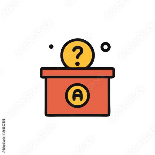 A red donation box with a coin and question mark, and an answer symbol.
