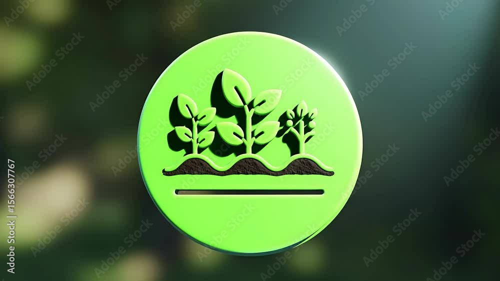 Circular green logo depicting growing plants over a wavy line, set against a blurred nature background