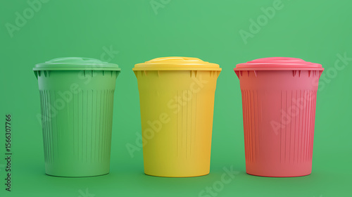 Wallpaper Mural Three colorful plastic trash bins in green, yellow, and red lined up against a green background. Torontodigital.ca